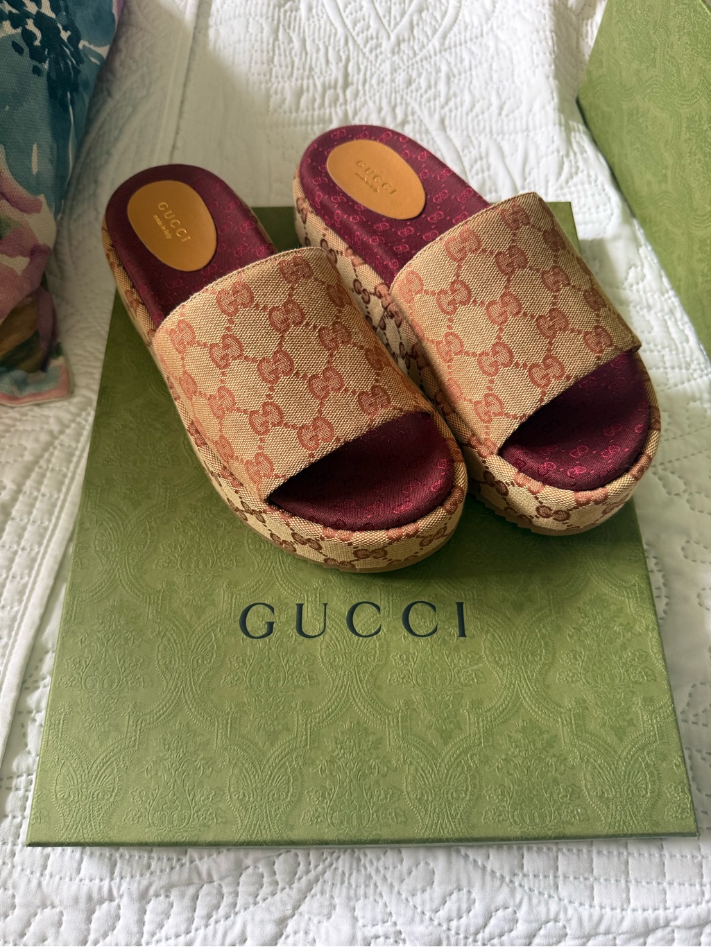 Gucci Beige Gg Canvas Platform Slides (New/ Never Worn) Size 38 / Us 7.5